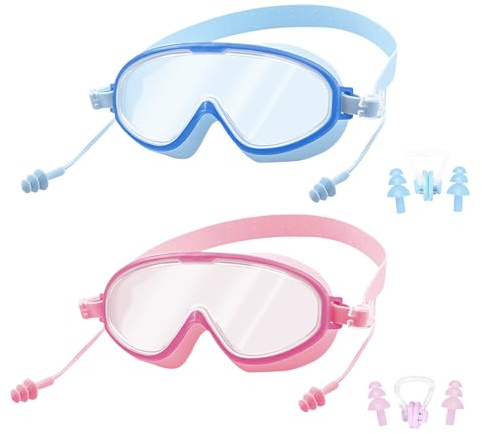 KASESSS 2 gafas de buceo para niñas, antivaho para niños, gafas de natación con gran ángulo de visión, gafas de natación para niños, gafas de buceo para niñas con orejeras, clip nasal