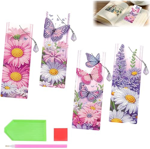 CAYUDEN 4 Stycken Lavendel Diamond Painting Bokmärken Vuxna, 5D DIY Blomma Diamantmålningsbokmärken för Älskare av Diamantmålning Present, Broderimålning med Siffror Presenter för Mor Vänner Familj