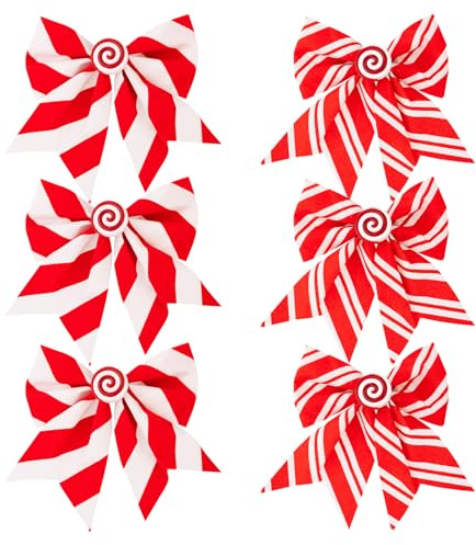 6Pcs Large Red Candy Cane Christmas Tree Bows Fabric Holiday | Mantel Garland and Office Ornament Use, Reusable Fabric, Vivid Colors, Festive Winter Decor