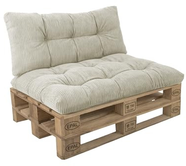 POKAR Set de 2 Cojines para Palets en Pana Suave | Asiento 120x80 + Respaldo 120x40 para Sofá de Jardín | Cojines Acolchados para Palé | Interior y Exterior | Oeko-Tex | Fabricado en UE | Marfil