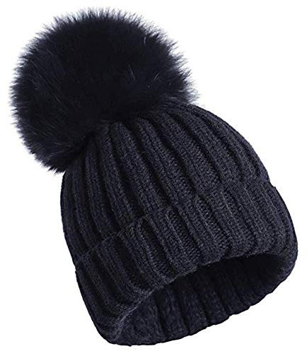 feifanshop Damen Echtfell Fuchspelz Fell Pelz Bommel Strick Mütze Winter-Mütze Bommelmütze (schwarz)