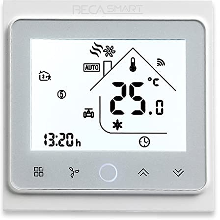 BecaSmart Serie 002 Smart WiFi Thermostat, Touchscreen-Raumthermostat Zwei Röhren für Klimaanlagen-Gebläsekonvektor, Room Thermostat zur Unterstützung intelligenter Sprache (Zwei Röhren, Weiß)