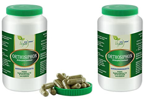 VITA IDEAL Vegan® Orthosiphon - Blätter 2x 360 Kapseln Indischer Nierentee Katzenbart Tagesportion 500mg Orthosiphonblätter reines Pulver. Pflanzlich und ohne Zusatzstoffe, original von VITAIDEAL.
