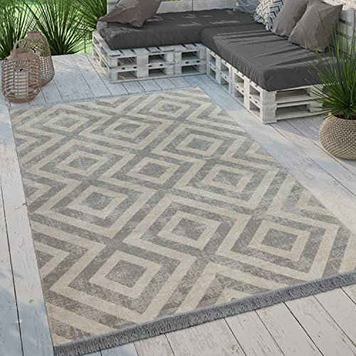 Paco Home Moderner Outdoor Teppich Geometrisches Rauten-Muster im Vintage-Look Flachgewebe Wetterfest & Pflegeleicht für Garten, Terrasse & Balkon, Grösse:160x220 cm, Farbe:Grau-Weiß