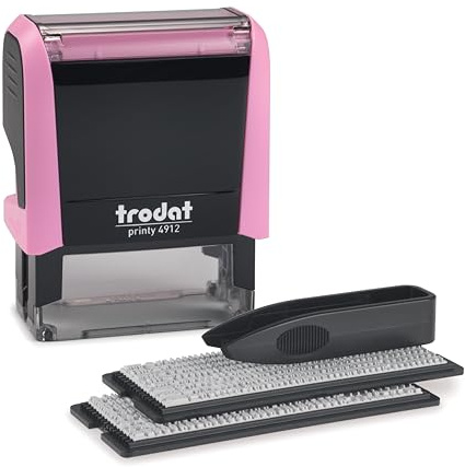 Trodat Printy 4912 Stempelset in Pastell Rosa zum Selbersetzen - 4 Textzeilen, Abdruck 47x18 mm, Deutsch, inkl. Pinzette, Stempelkissen schwarz & Buchstaben- und Zahlenset in zwei Größen