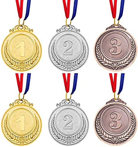 Udewo 6 Pack Metal Medals Olympic Gold Silver Medal Sports Day Medals Lockdown Medal with Ribbon