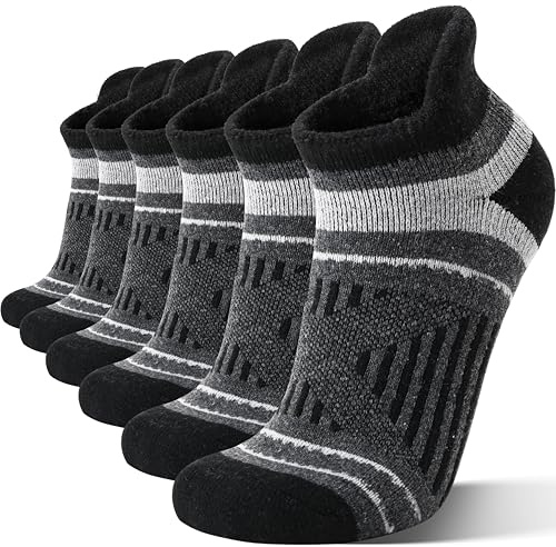 EBMORE Merino Wool Ankle Hiking Socks Compression Warm Winter Thermal Thick Cushion No Show Running Moisture Wicking Socks Gifts Stocking Stuffers for Men Women 6 Pairs(Black，L)