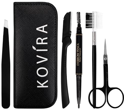 Kovira 5 Pezzi Kit Sopracciglia - Forbici in Acciaio Inox, Spazzola per Sopracciglia, Pinzette Sopracciglia, Matita Sopracciglia con Astuccio Nero - Per Modellare e Allungare le Ciglia - Uomo e Donna