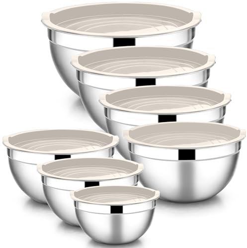 HaWare Rührschüssel, Edelstahl Schüssel 7er Set, Stapelbare Salatschüssel mit Luftdichtem Deckel zum Backen/Kochen/Zubereiten, Spülmaschinenfest, 6,5/4,5/3 /2,5/1,5/1,2/0,7L, Khaki