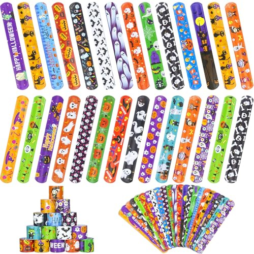 Pulseras de Halloween para niños - 48 piezas, 24 estilos de colores, pulseras de Halloween a granel para regalos de cumpleaños, juguetes, precios y bolsas de golosinas