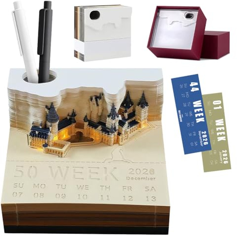 VOHESEA Calendario 2026 da Tavolo 3D e Accessori – Magic Castle – Blocchi a Strappo & Appunti Adesivi – Ornamento da Scrivania e Scultura di Carta – Calendario Settimanale a LED – Ldea Regalo