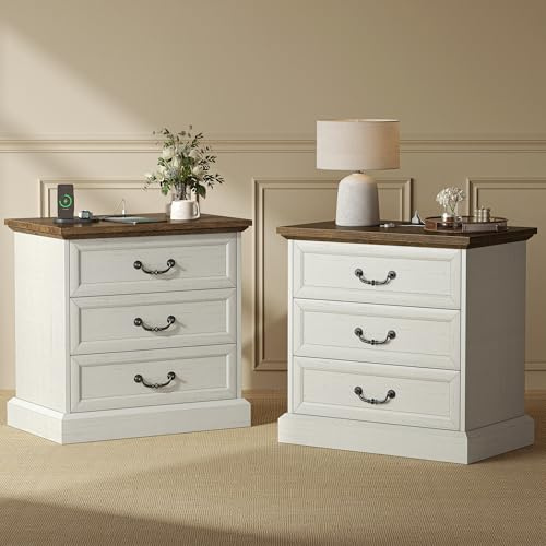 Huuger Nightstand with Charging Station, 3 Drawer Night Stand Set of 2, 22 Inch Wider Side Table with Storage, Farmhouse Nightstand with Vintage Handles, Thicken Base, for Bedroom, Distressed White