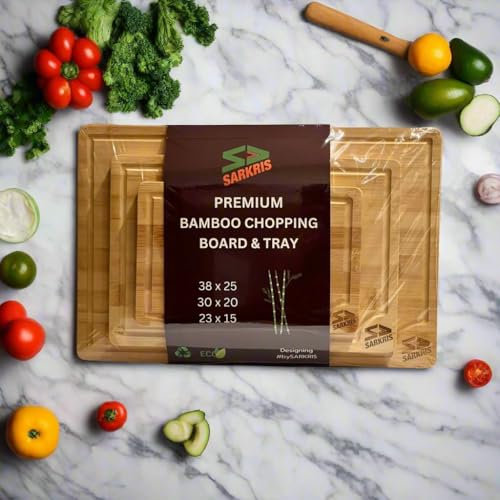 Premium Wooden Chopping Boards - 3 Piece Bamboo Chopping Board Set - 33x22cm / 28x22cm / 22x15cm - Ideal for Carving Meat, Cutting Vegetables, Cheeses and Bread - by SARKRIS
