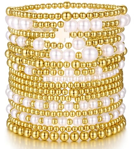 Pls Back 16 PCS Gold Bead Pearl Bracelet for Women, Gold Plated Beaded Strand Bead Ball Bracelets stack Adjustable Jewelry Set for Gifts (03-GOLD)