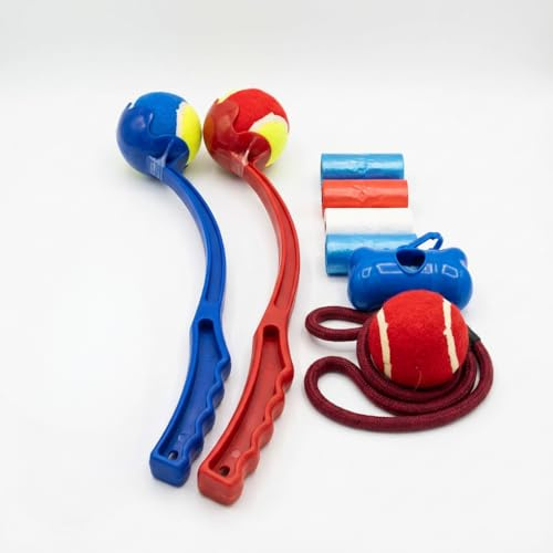 ANIPETIA Lanzador de Pelotas para Perros x2 - Kit Paseo Completo: 2 Lanzapelotas 38cm + Pelota con Cuerda Compatible + Dispensador Bolsas Recoge Heces con 60 Bolsas - Juguete Perro Exterior