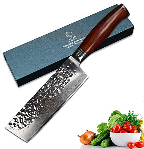 YARENH Nakiri Messer Damast 17cm,Kleines Hackmesser aus 73 Schichten Damaststahl,Griff aus Naturholz, Küchenmesser Scharf Für Haus Und Küche Mit Ergonomischem Griff - HTT Serie