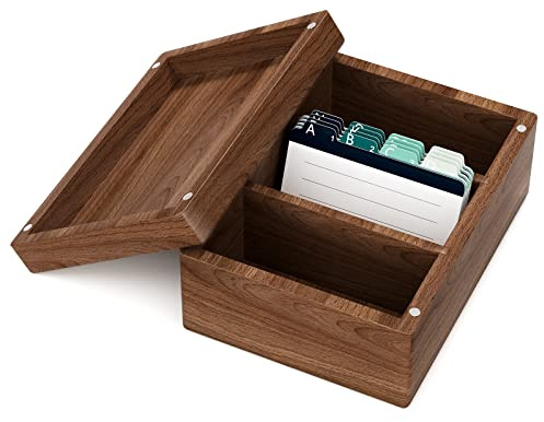 MaxGear Business Card Holder for Desk, 2.2 x 3.5 Walnut Wood Business Card Organizer, Index Cards Box Holds 300 Cards, 3 Divider Boards Includes A-Z Tabs, Desktop Organizers for Office & Home