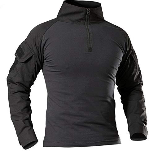 Men's Military Tactical Long Sleeve Shirt Breathable Hunting Combat T Shirts Quick Dry Outdoor Tops 1/4 Front Zip Camouflage Airsoft Shirts Black M
