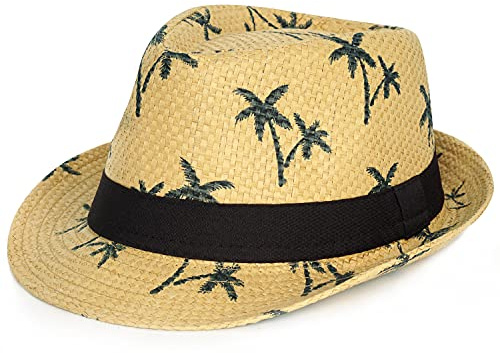 Summer Straw Fedora Hat Short Brim Panama Sun Hat Trilby Beach Hat for Men & Women Khaki