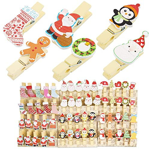 60Pièces Pinces Bois Noël avec Cordon Jute Mini Clips Photo Epingle à Linge pour Calendrier de l'Avent DIY Décoration de Noël