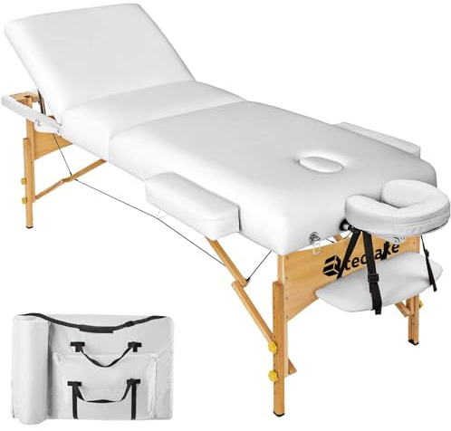 tectake® 3-zons hopfällbar och höjdjusterbar massagebänk, portabel och stabil behandlingsbänk med träram, ink bärväska perfekt för både proffs och hemmabruk - Vit