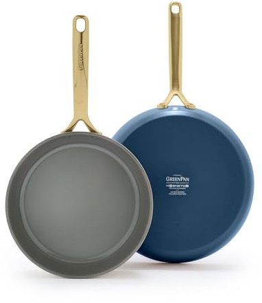 GreenPan GP5 9.5” and 11” 2 Piece Frying Pan Skillet Set, Hard Anodized Healthy Ceramic Nonstick PFAS-Free Cookware, Champagne Handles, Stay-Flat Surface, Induction, Dishwasher and Oven Safe, Blue