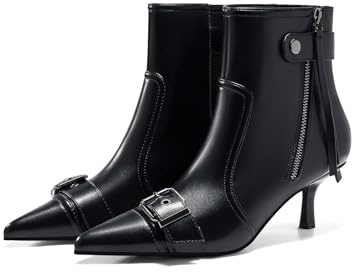Coutgo Womens Kitten Heel Ankle Boots Pointed Toe Buckle Side Zipper Tassel Fall Winter Booties Shoes, Black, Size 9.5