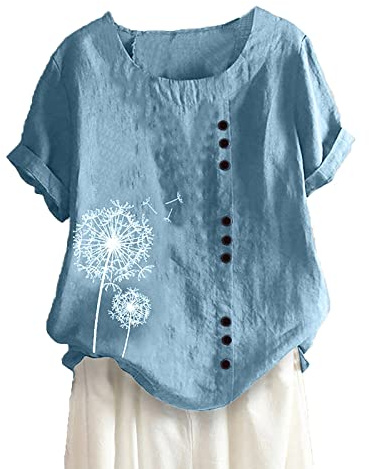 Keepink Linen Tops for Women UK Plus Size 8-22 Elegant Tunic Tops Floral Embroidered Blouse Ladies Oversized T-Shirt Summer Casual Short Sleeve Loose Tee Shirts Going Out T Shirts Sale