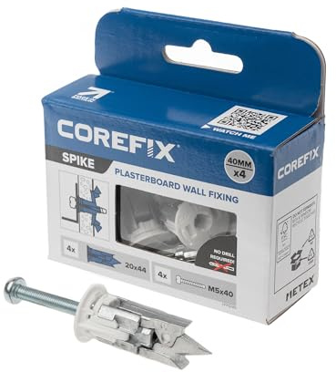 Corefix Spike Heavy Duty Plasterboard Fixings 4 Pack, DIY Kit with M5x40mm Screws. Easy to Install with NO Drill Required. Drywall Anchor, Wall Plug Alternative Suitable for Plasterboard Up to 25mm