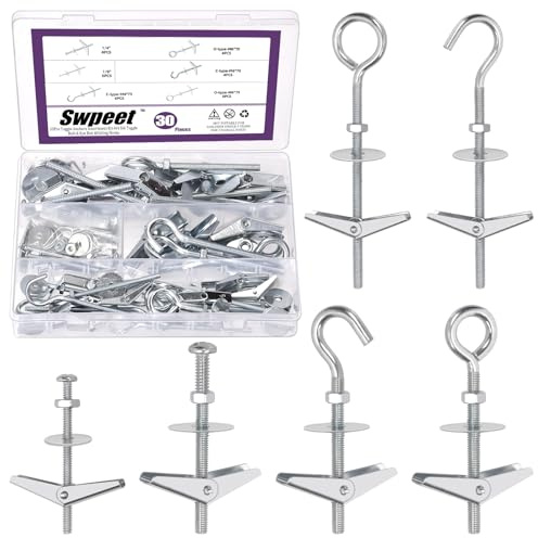 Swpeet Toggle Bolts for Drywall, Toggle Anchors Assortment Kit (Mixed -type) 30 Set de 3 estilos de tornillos basculantes y tuerca de mariposa con tuercas de bruja, surtido de arandelas, juego de