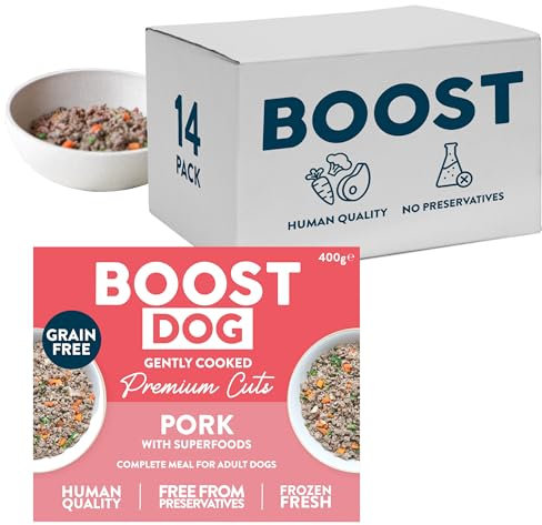 BOOST Pet Food Pork with Superfoods Meal - Frozen Fresh Wet Dog Food for Adult Dogs, Grain Free, Made with 70% Pork, Complete Nutritional Meal for Pets, No Preservatives - 14 x 400g