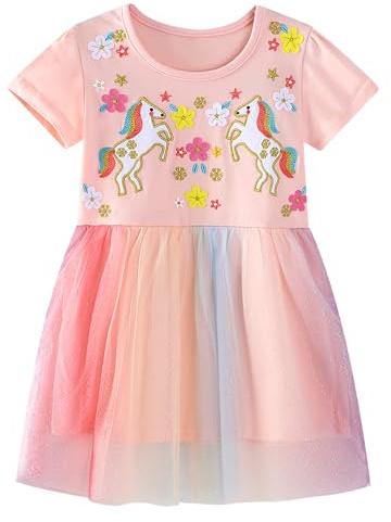 Baogaier Ragazza Vestito Cotone Abiti Bambina Animali Modello Stampa Ricamo Casual Eleganti Manica Corta Estivo Tunica Camicia Festa Paillettes Tulle T-shirt Magliette Top Abito Bimba 2 3 4 5 6 7 Anni