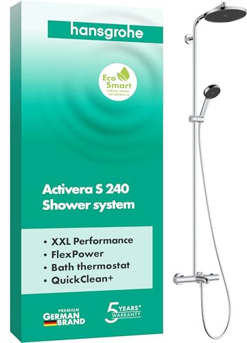 hansgrohe Activera S - Water-Saving Shower System (EcoSmart) with Bath Thermostat, Rainfall Shower Head (240 mm), Hand Shower (2 Sprays), Shower Hose, Shower Rail and Head Shower, Chrome, 28871000