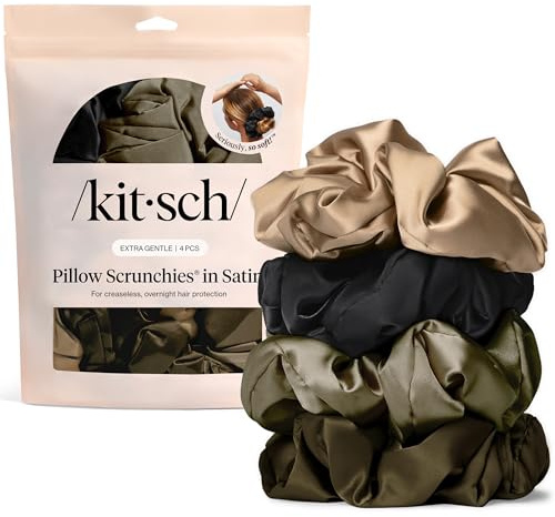 Kitsch Pillow Satin Scrunchies for Women 4pcs - Black | Hair Ties No Damage, No Crease Hair Accessories, Perfect for Day or Night, Ideal Gift for Women
