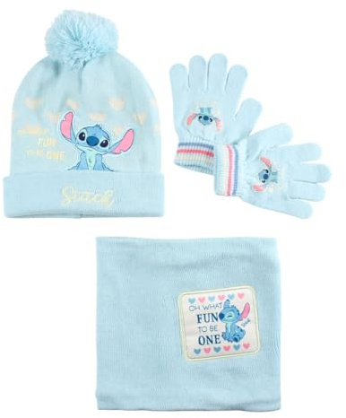 Disney Lilo & Stitch, Pack Bonnet + Gants + Écharpe, Enfant, Extensible (1 à 12 Ans), Doux, Mignon, Chaud, Chapeaux, Fille, Garçon, Modèle DIS LIS 5238D086 S1-TU