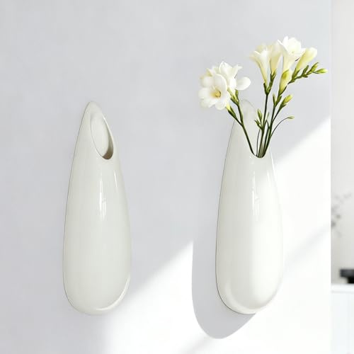 Duoqulou 2 Pack Wall Mounted Ceramic Plant Vases,Hanging Flower Pot Holders for Indoor Plants, Modern White Wall Planters,7.9 Inch / 20 CM, Indoor Wall Decor