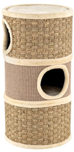 GYMAX Tonneau Griffoir avec 3 Grandes Entrées, Revêtu de Sisal et Cordes Tissées Résistants à Gratter, Perchoir Supérieur Doux à Se Reposer, Trous Internes, 36 x 36 x 70 cm
