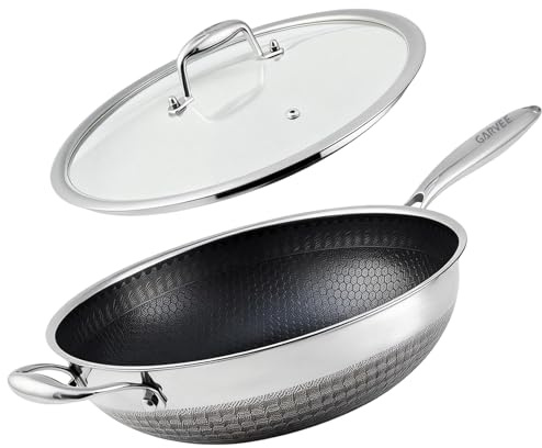 Wok pan,Hybrid 12 inch Wok with Lid, PFOA Free Cookware,non stick Stainless Steel Woks & Stir-fry pans Nonstick, Dishwasher and Oven Safe, Works on Induction