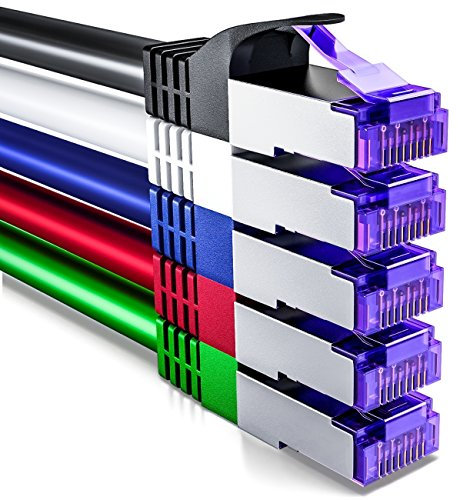 deleyCON 5x 2m CAT7 Câble Réseau - 10 Gigabit - RJ45 Câble de Raccordement Câble Ethernet (Cuivre, SFTP PiMF Blindage) LAN DSL Modem Routeur Panneau de Brassage CAT7 CAT6 CAT5 - Coloré