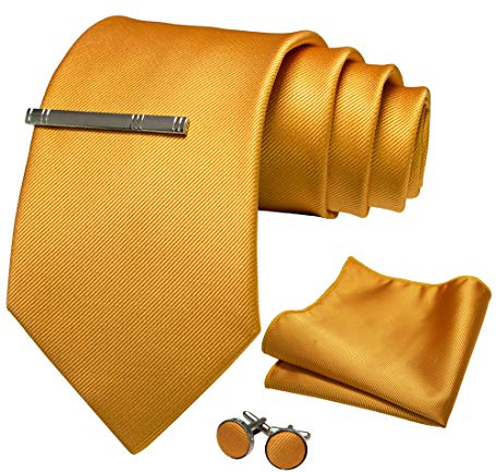 JEMYGINS Cravate Homme Jaune en Soie 9CM Extra Longue et Pinces à cravate et Carre de poche Set