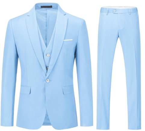 YOUTHUP Herren Anzug Slim Fit 3 Teilig Anzüge für Hochzeit Business Herrenanzug Sakko Anzughose Weste, Hell Blau, XL