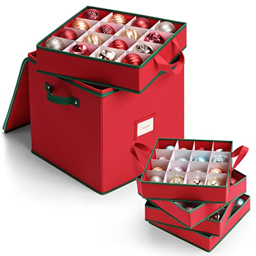 MaidMAX Christmas Bauble Storage Box with Adjustable Dividers, 13x13x13inch | 64 Compartments Christmas Ornament Storage, 4 Tier Organisers Removable with Handles, 600D Oxford Decoration Storage Bag