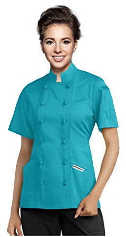 Short Sleeves Knotted Cloth Buttons Women Chef Coat Jacket Uniform ideal for food service, Caterers and Culinary professional (Large, Turquoise)