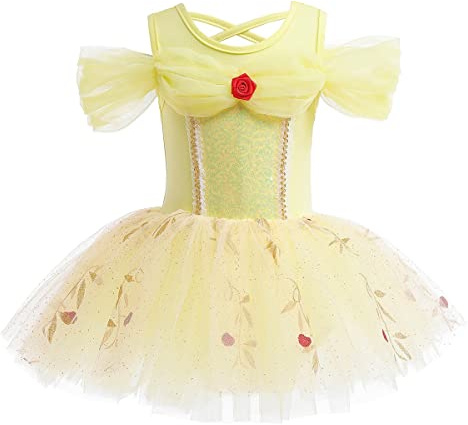 NEWEPIE Toddler Girls Belle Princess Leotards Ballet Dance Skirted Tutus Dancewear Halloween Christmas Birthday Party Fancy Dress 5-6T