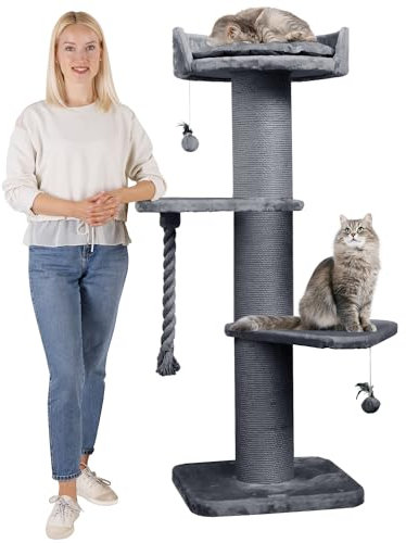 HAPPYPET Premium Kratzbaum Grosse Katzen Stabil 'Freddy' – 150 cm Großer Katzenbaum, Kletterbaum für Maine Coon, Natursisal, 20 cm Dicke Stämme - Grau