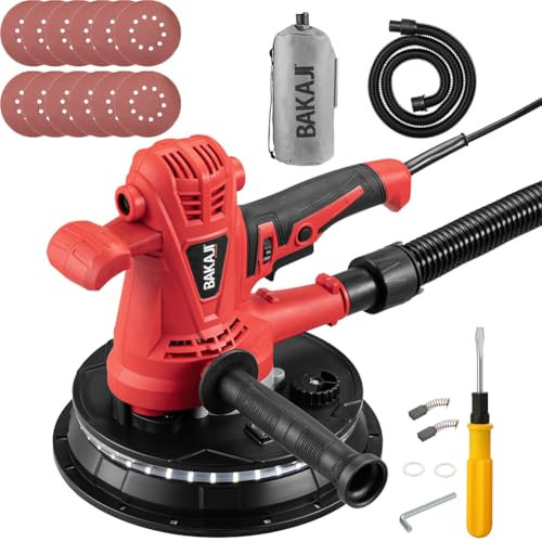 Bakaji Levigatrice Muro Soffitto Pieghevole Carteggiatrice Giraffa Cartongesso Aspirazione Polvere Automatica con Luce a LED Asta Telescopica e 6 Dischi Abrasivi (Manuale con Sacco 1280W)