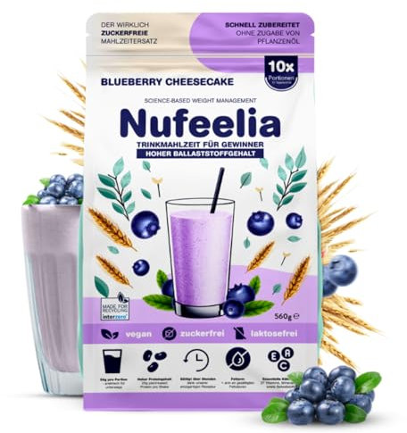 Nufeelia Trinkmahlzeit Blueberry Cheesecake – Wissenschaftlich basierter Diät Shake – Vegan, Zuckerfrei, Laktosefrei – Hoher Ballaststoff- & Protein-Gehalt – 10 Portionen – Sättigt Stundenlang – 560g