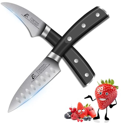 CoquusAid 2-Piece Paring Knife Set - 3.8 Inch and 2.75 Inch Bird Beak for Fruit Peeling, Premium German Stainless Steel with Ergonomic Handle, Elegant Black, Ideal for Gift