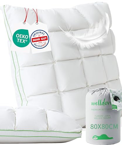 Welldora Premium Kopfkissen 80x80 | 100% Daunenfasern & Federn | Innovatives Puffwolken-Design für höchsten Komfort & Ergonomie | mittelfestes Kissen fachärztl. geprüft, Oeko-Tex zert. in der Schweiz
