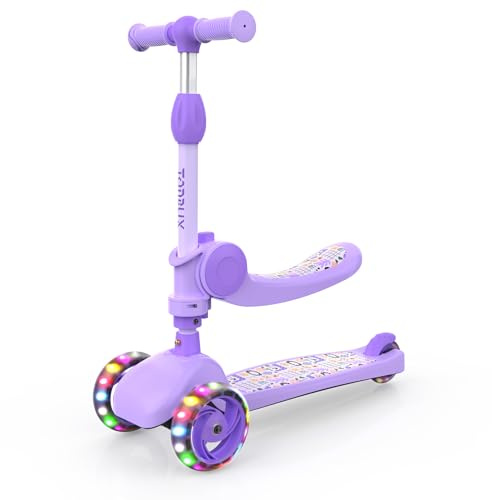 TONBUX Kids Scooter - Foldable 3 Wheel with Flashing LED Lights, Big Wheels, Height Adjustable, Wide Deck, Foldable Seat